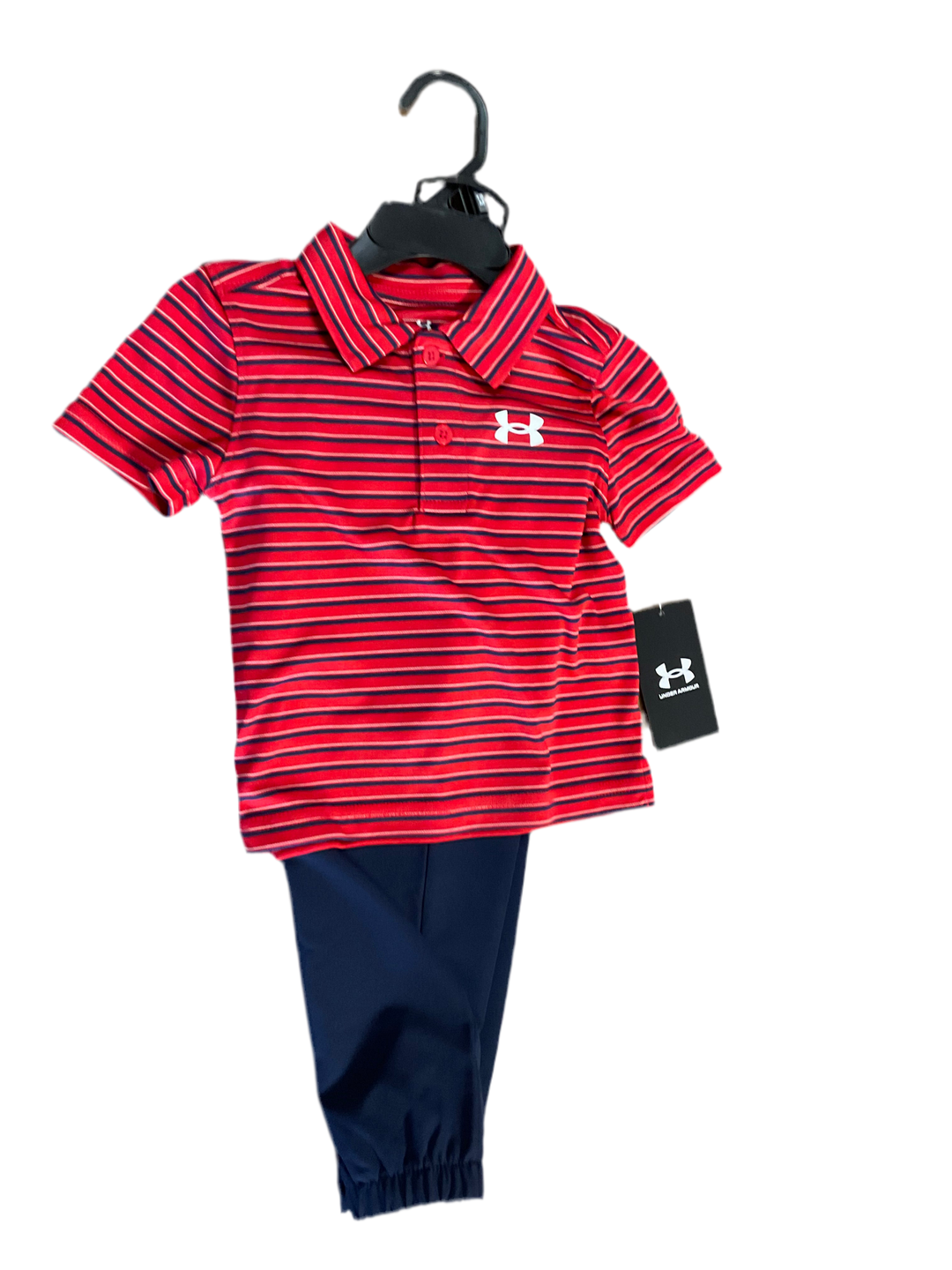 UNDER ARMOUR RED, NAVY, & WHITE STRIPED POLO SET