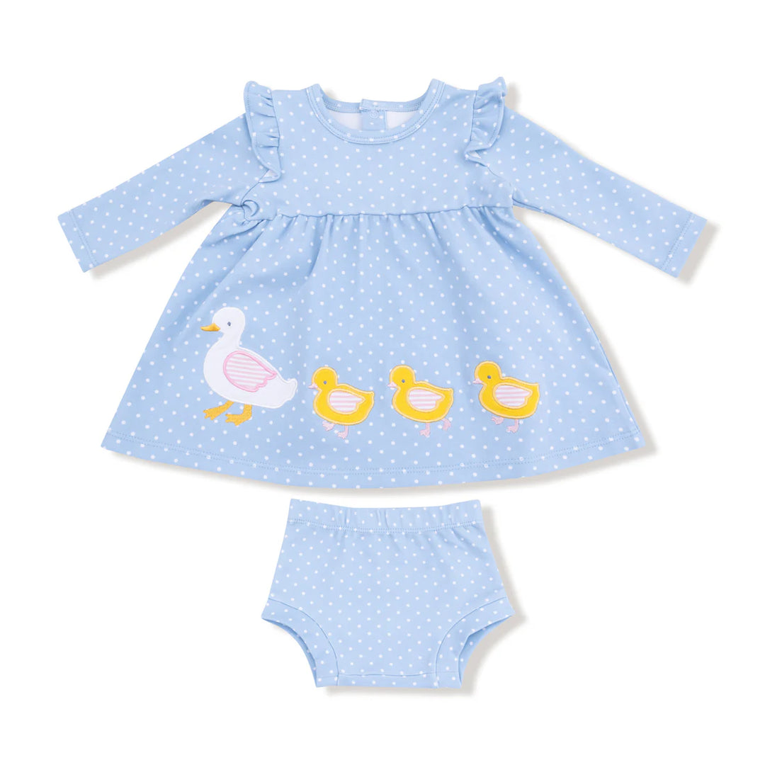 cotton L/S dress blue dot with duck applique