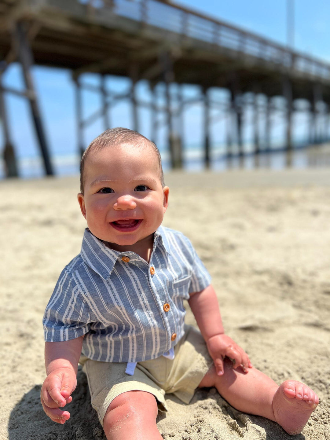 Me & Henry Blue/White Striped Woven Onesie