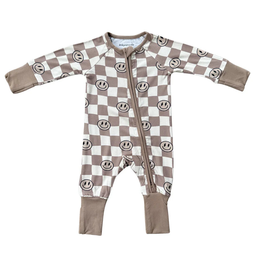 longsleeve zip romper- smiley check