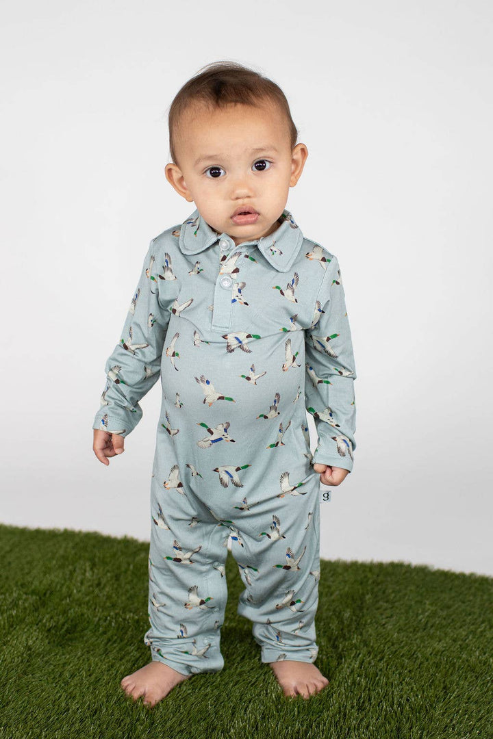 Mallards / Ducks - Long Sleeve Polo Romper: 0-3 MONTHS