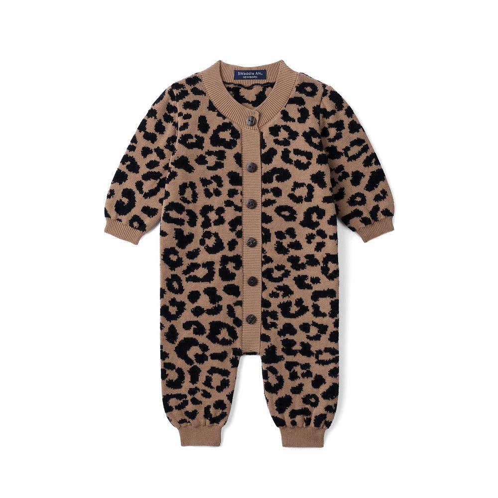 Leopard Baby Knit Button Romper: Leopard / 3-6M