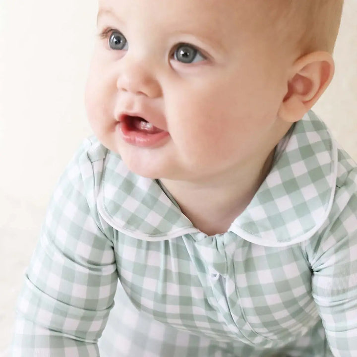 Peter Pan Collar Zipper Footie-Moss Gingham