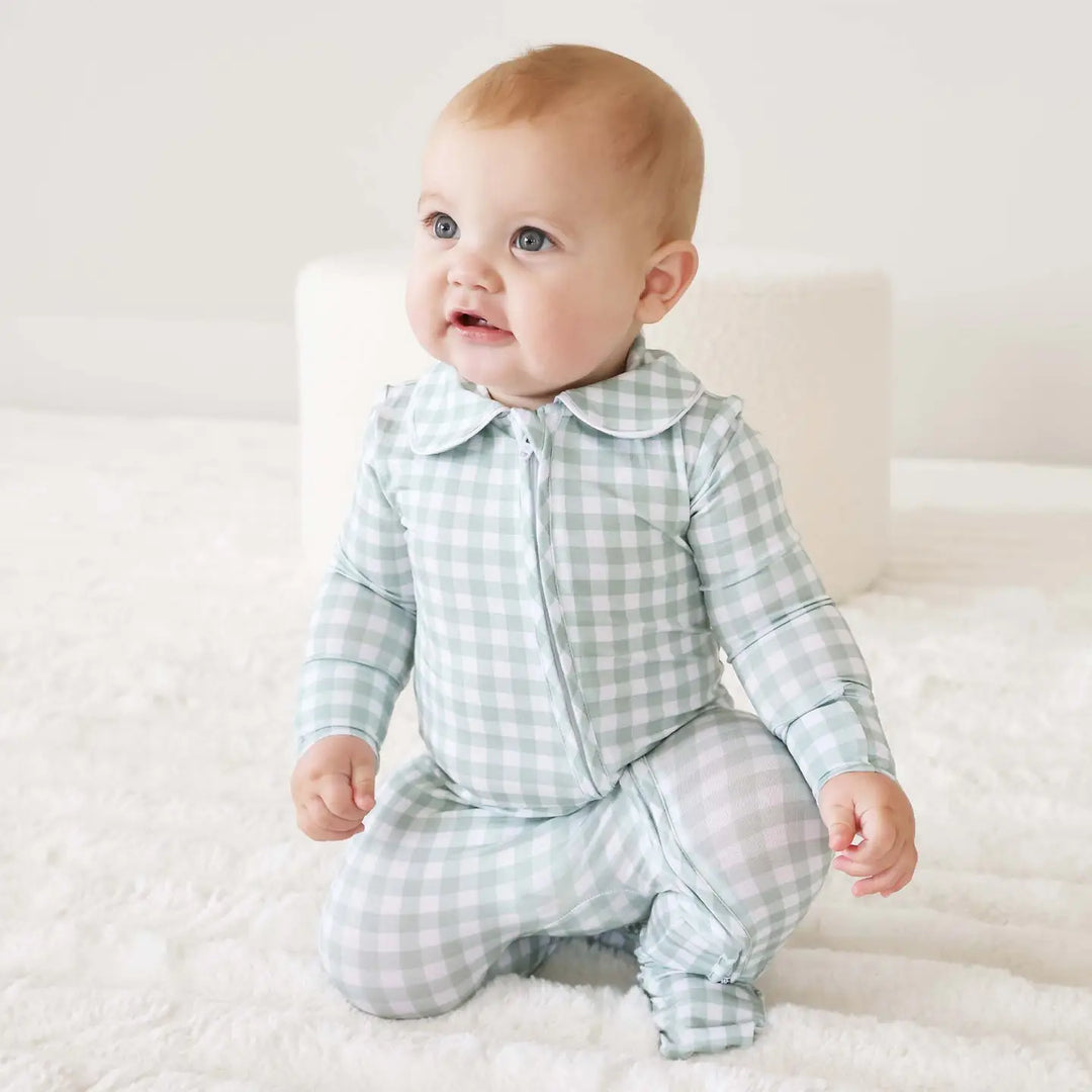 Peter Pan Collar Zipper Footie-Moss Gingham