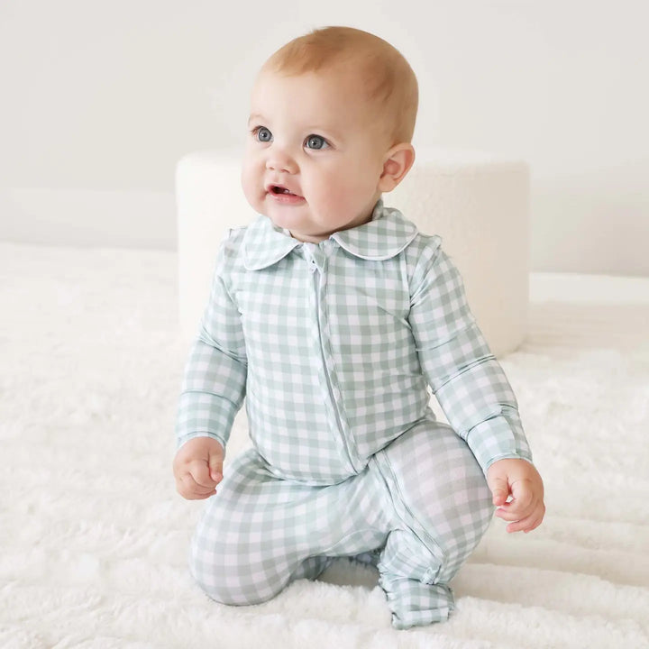 Peter Pan Collar Zipper Footie-Moss Gingham