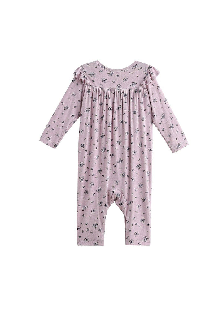 Victoria Long Sleeve Floral Ruffle Shoulder Straight Leg Romper: Purple