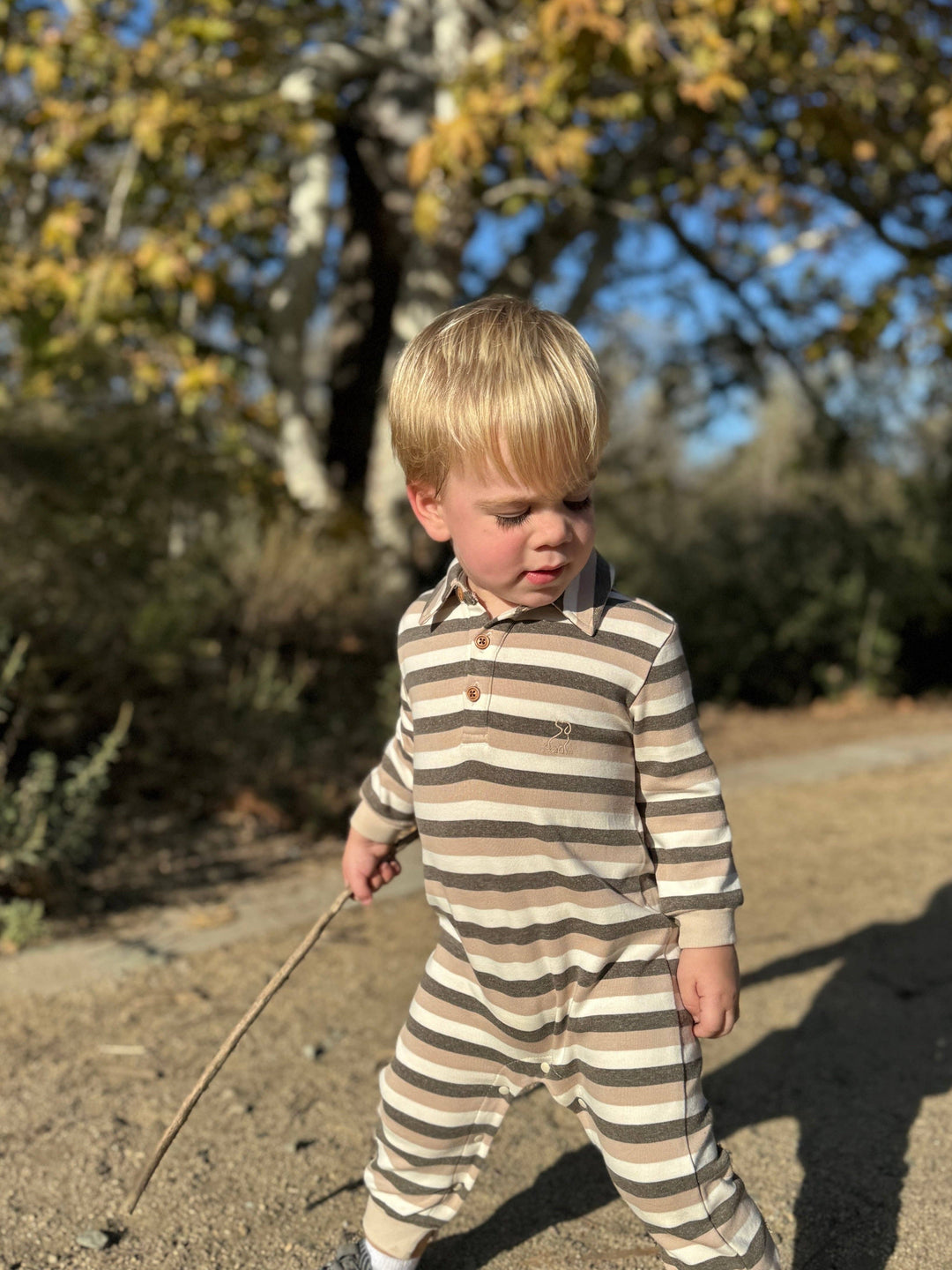 KINGSTON Beige/Grey Stripe Polo Romper: 6-9m