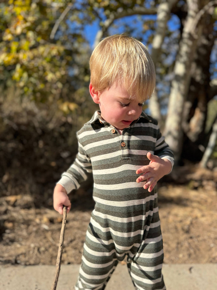 KINGSTON Sage/Cream Stripe Polo Romper: 12-18m