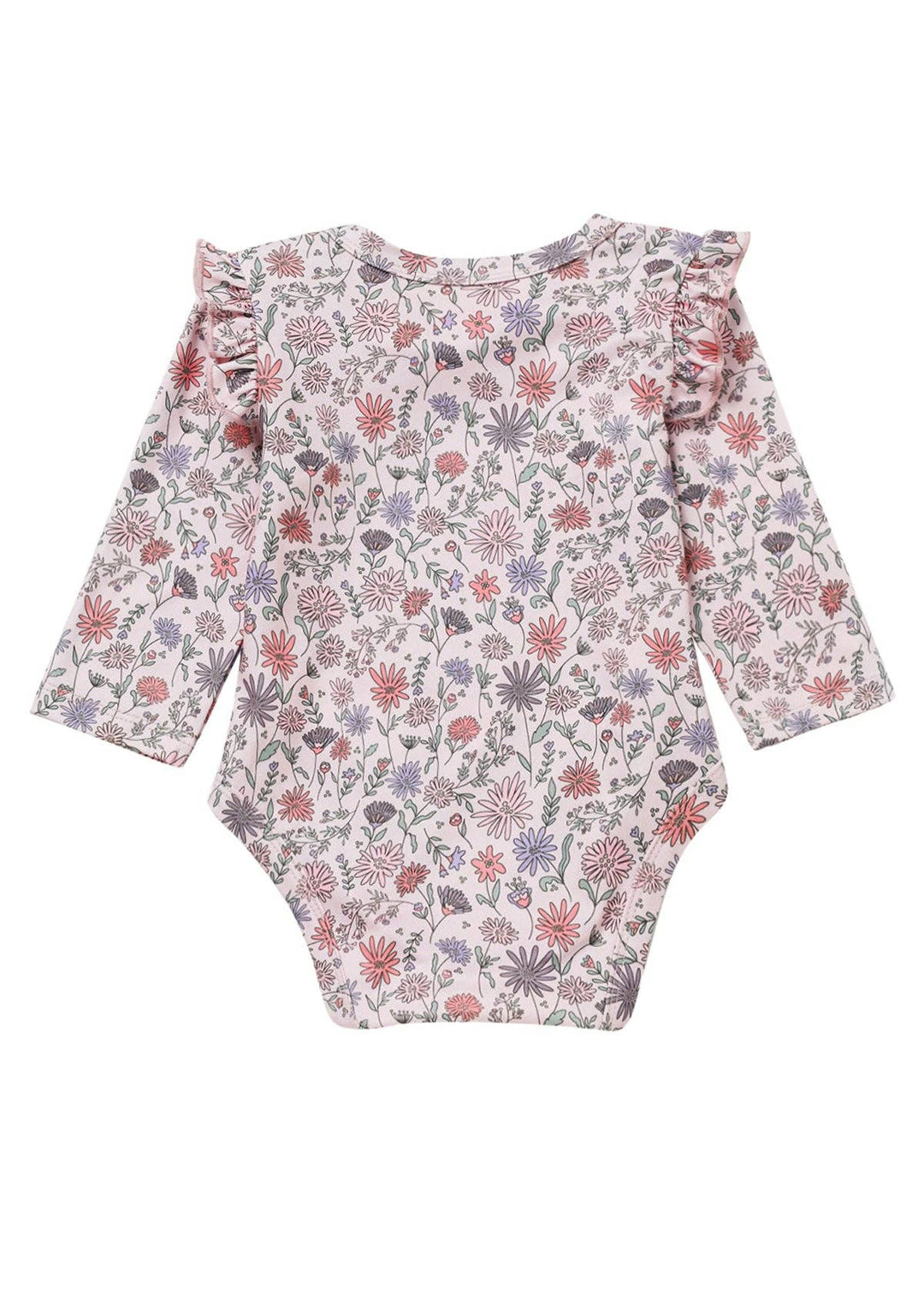 Whimsical Wildflower Long Sleeve Floral Ruffle Trim Bodysuit: Pink