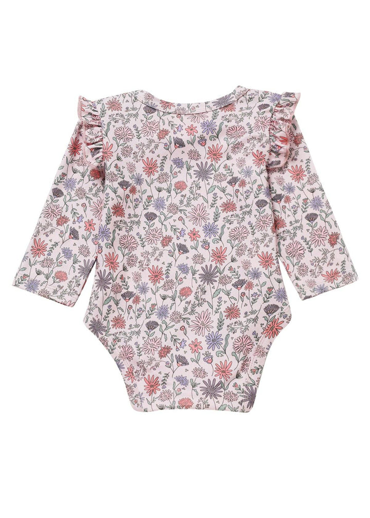 Whimsical Wildflower Long Sleeve Floral Ruffle Trim Bodysuit: Pink