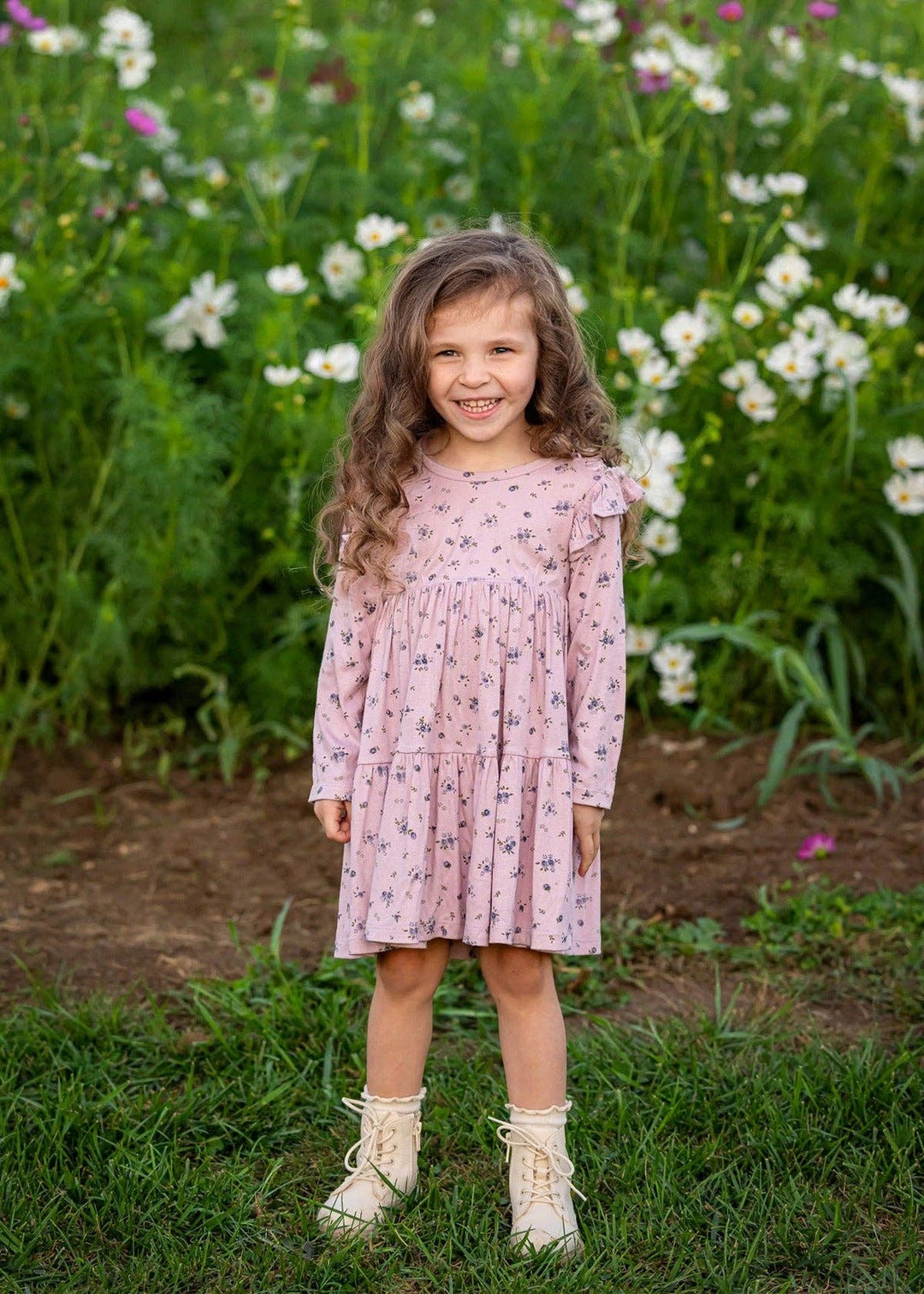 Victoria Long Sleeve Floral Ruffle Shoulder Tiered Dress: Purple