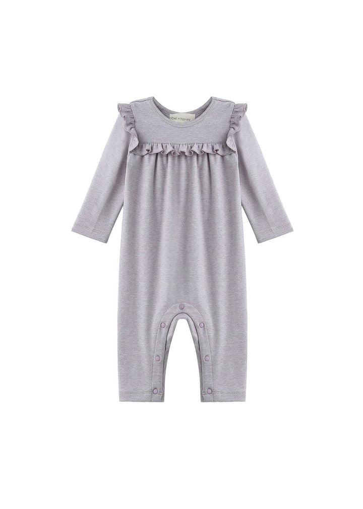 Maggie Long Sleeve Ruffle Trim Straight Leg Romper: Purple