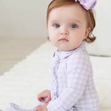 Peter Pan Collar Ruffle Zip Footie- Lilac Gingham