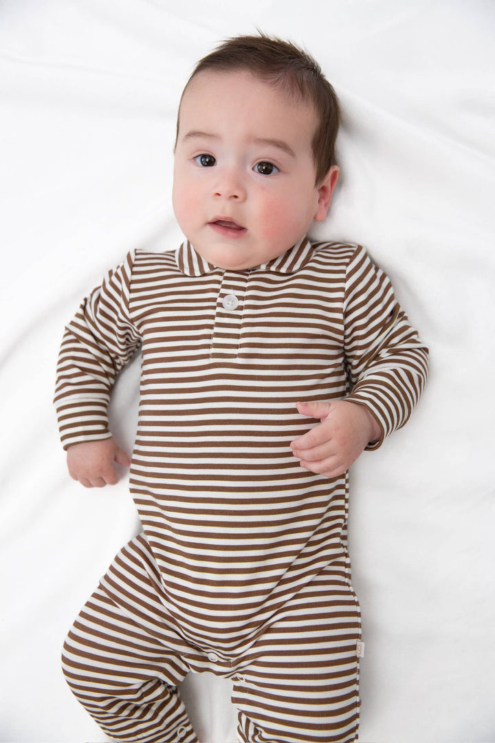 Chocolate Stripes - Sweatshirt Polo Romper: 0-3mo