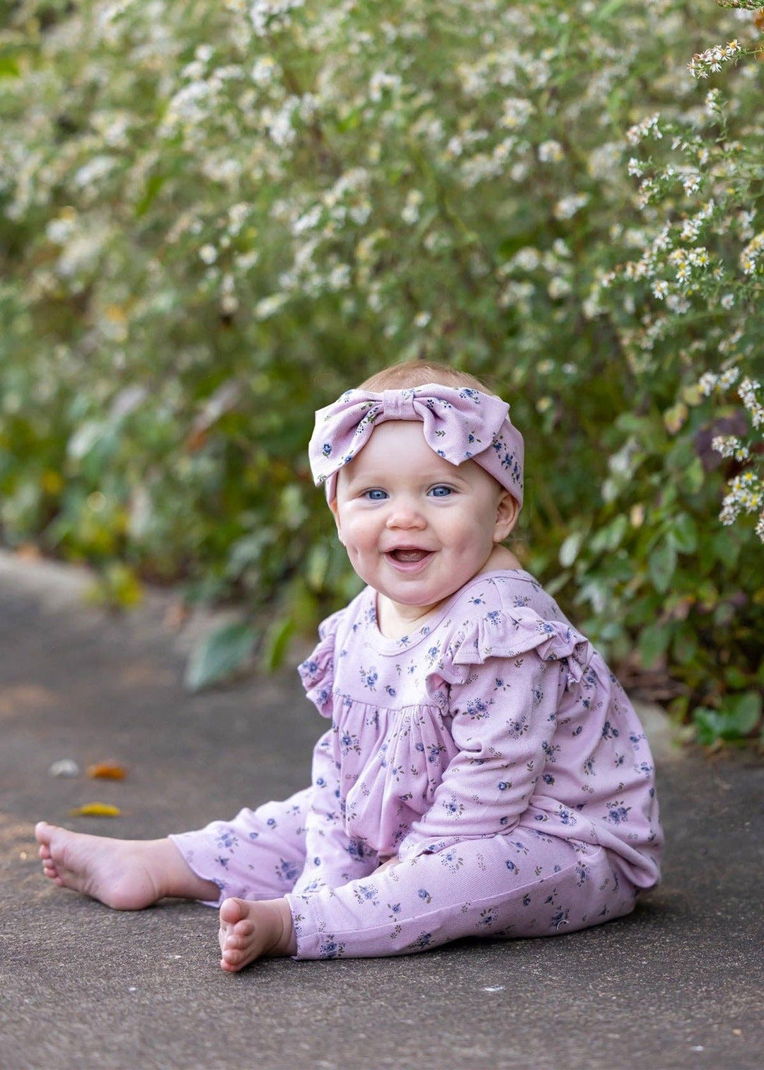 Victoria Long Sleeve Floral Ruffle Shoulder Straight Leg Romper: Purple