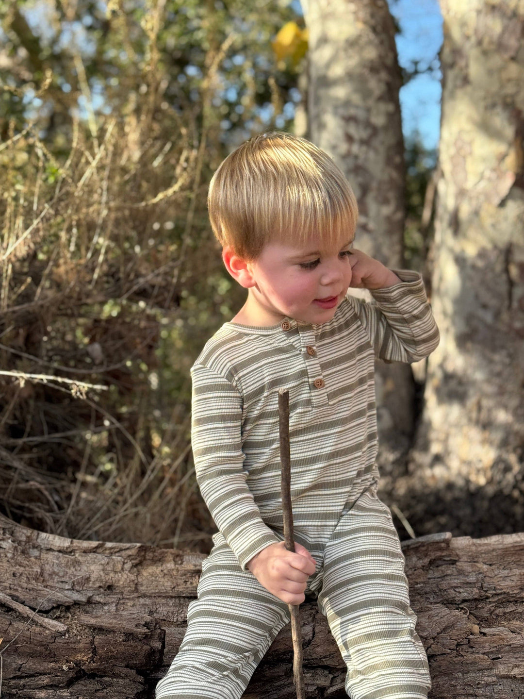 MASON Sage/Cream Ribbed Henley Romper: 3-6m