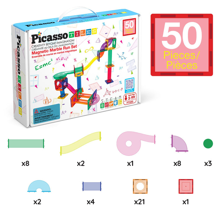 PicassoTiles Magnetic Marble Run Set STEM Toy: 50-Piece Set