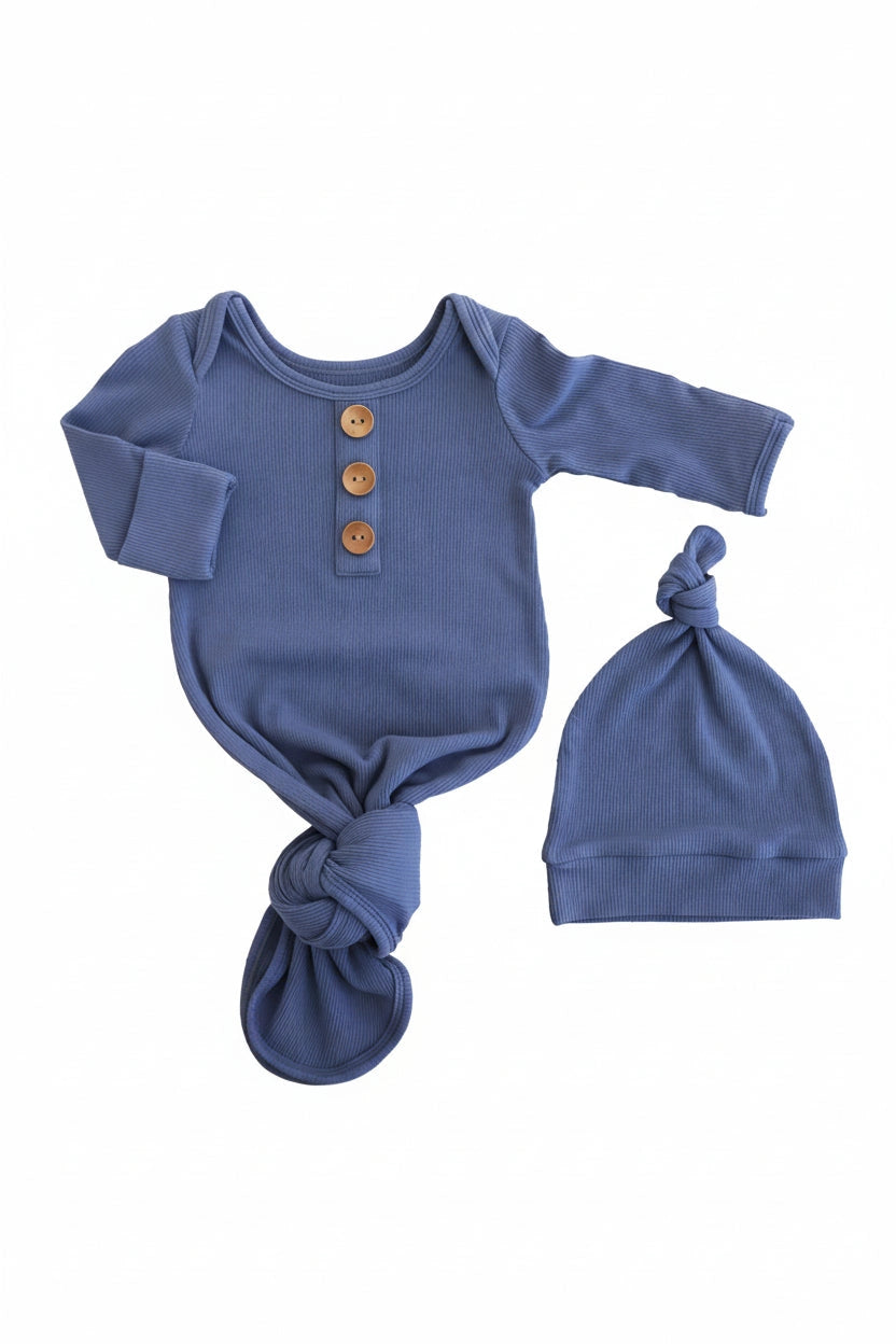 Bamboo Ribbed Baby Knot Gown-Steele Blue