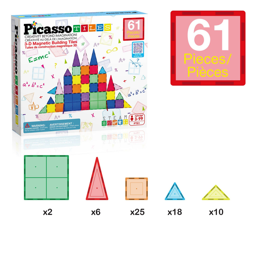 PicassoTiles 61pc Magnetic Tile Building Set STEM Toy
