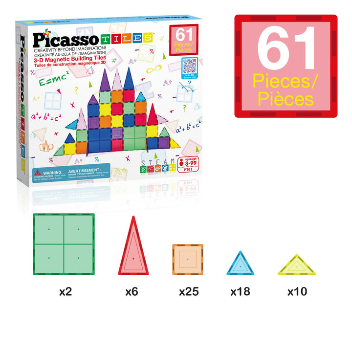 PicassoTiles 61pc Magnetic Tile Building Set STEM Toy