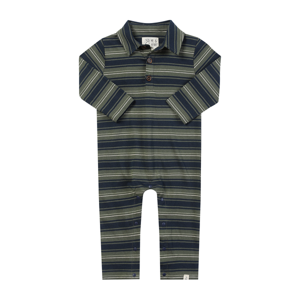 KINGSTON Blue/Green Stripe Polo Romper: 9-12m