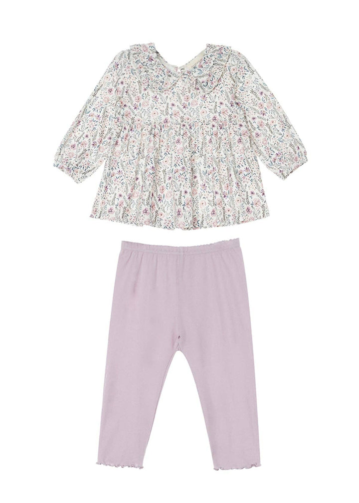 Soft Meadow Long Sleeve Floral Peter Pan Collar Top and Legging Set: Purple