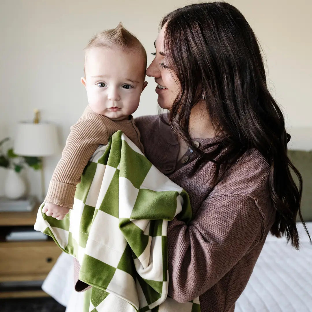 Minky Stretch Receiving Blanket-Olive Checkered