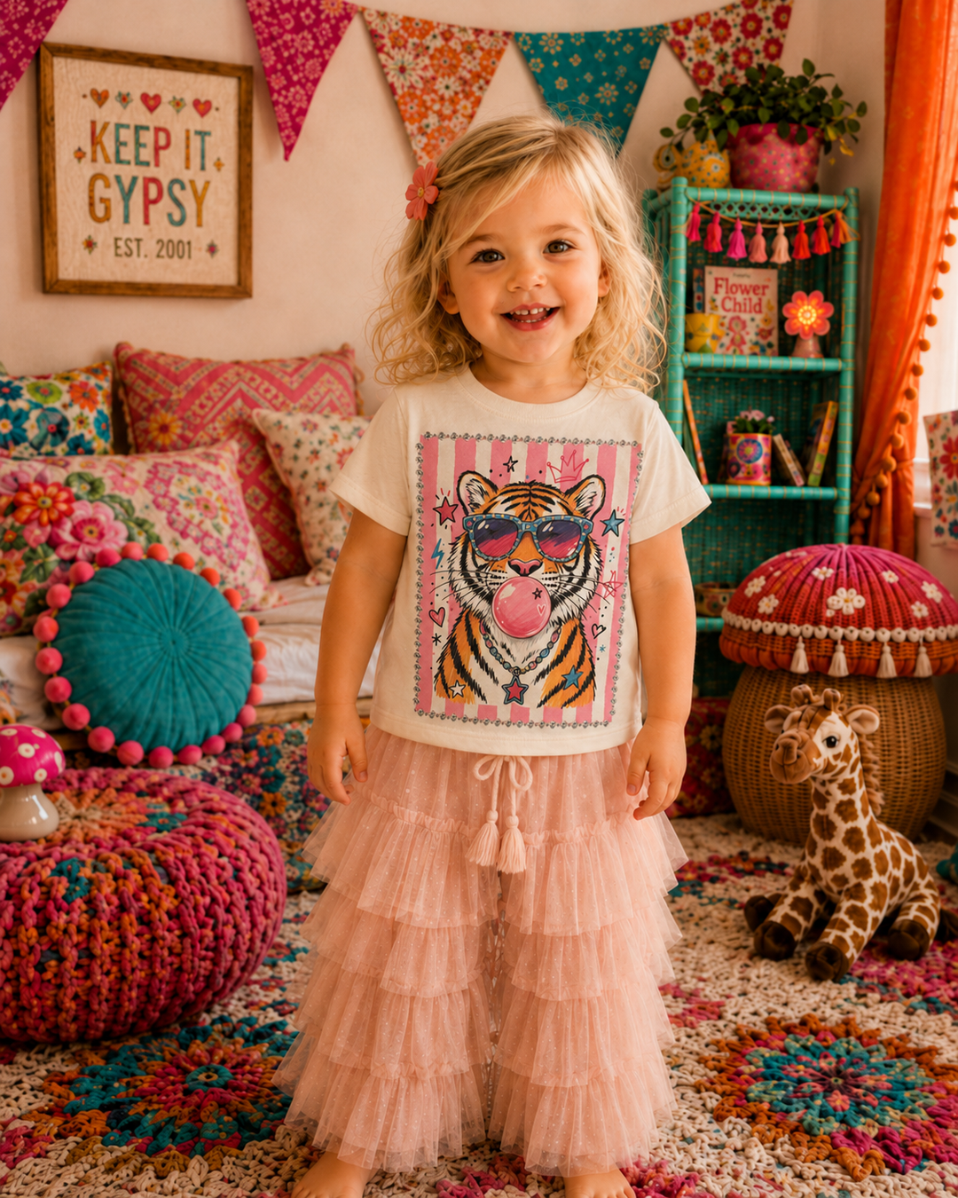 Tiger Bubble Frame Cream Kids Graphic Tee With Crystals