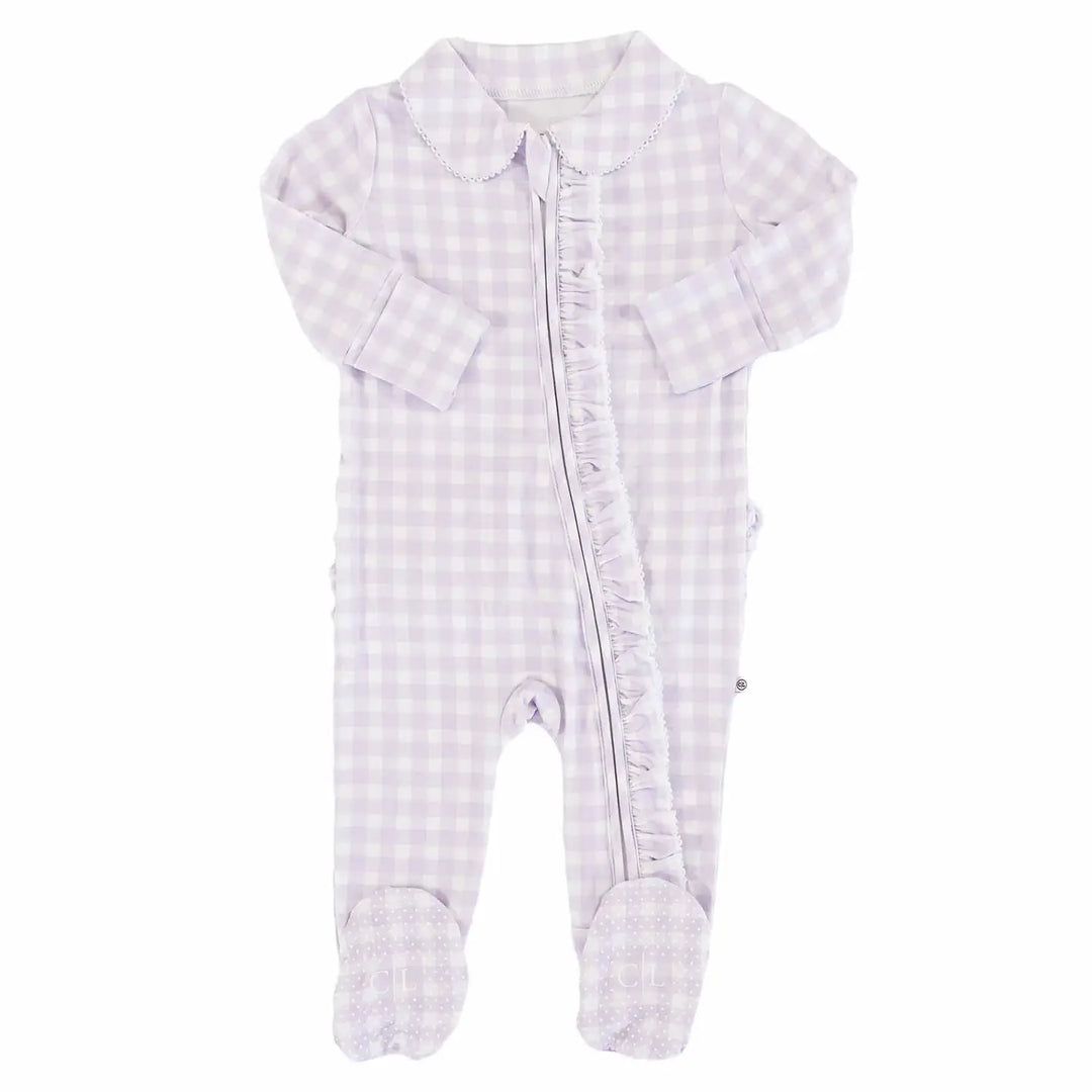 Peter Pan Collar Ruffle Zip Footie- Lilac Gingham