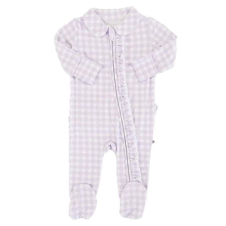 Peter Pan Collar Ruffle Zip Footie- Lilac Gingham