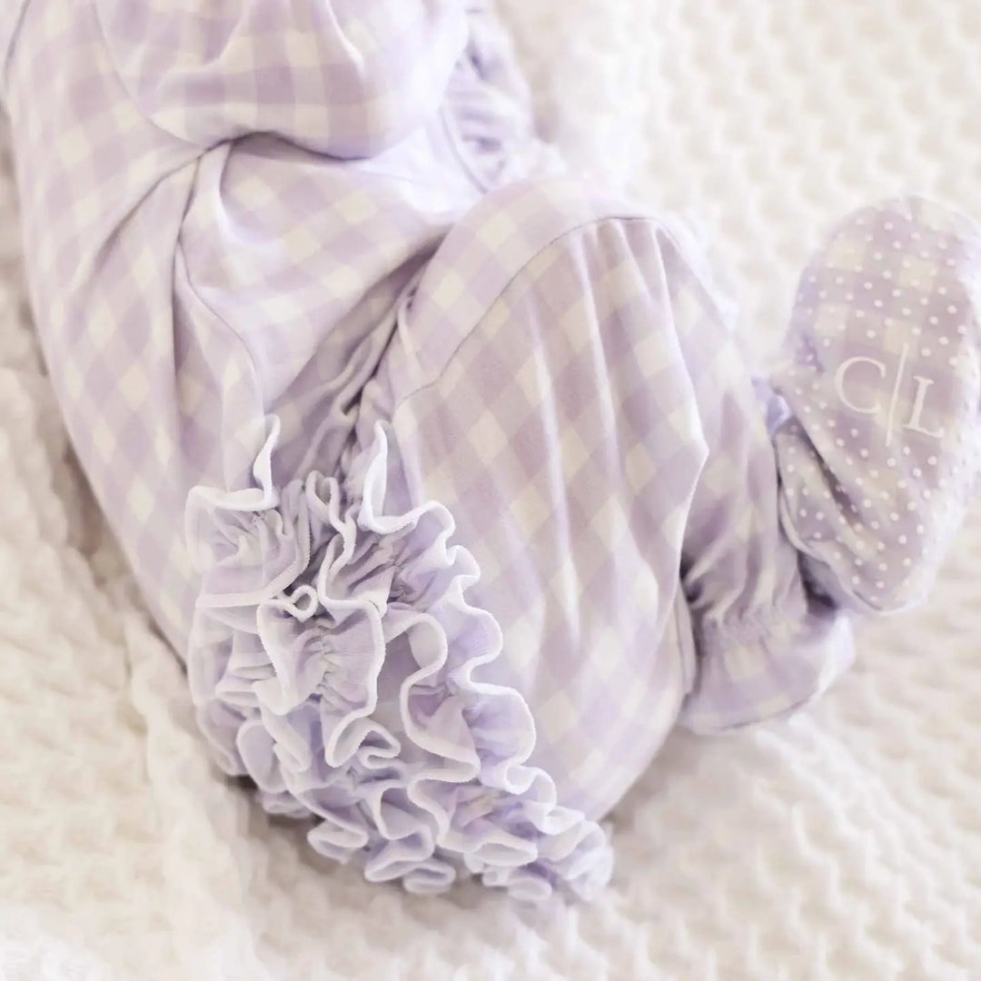 Peter Pan Collar Ruffle Zip Footie- Lilac Gingham