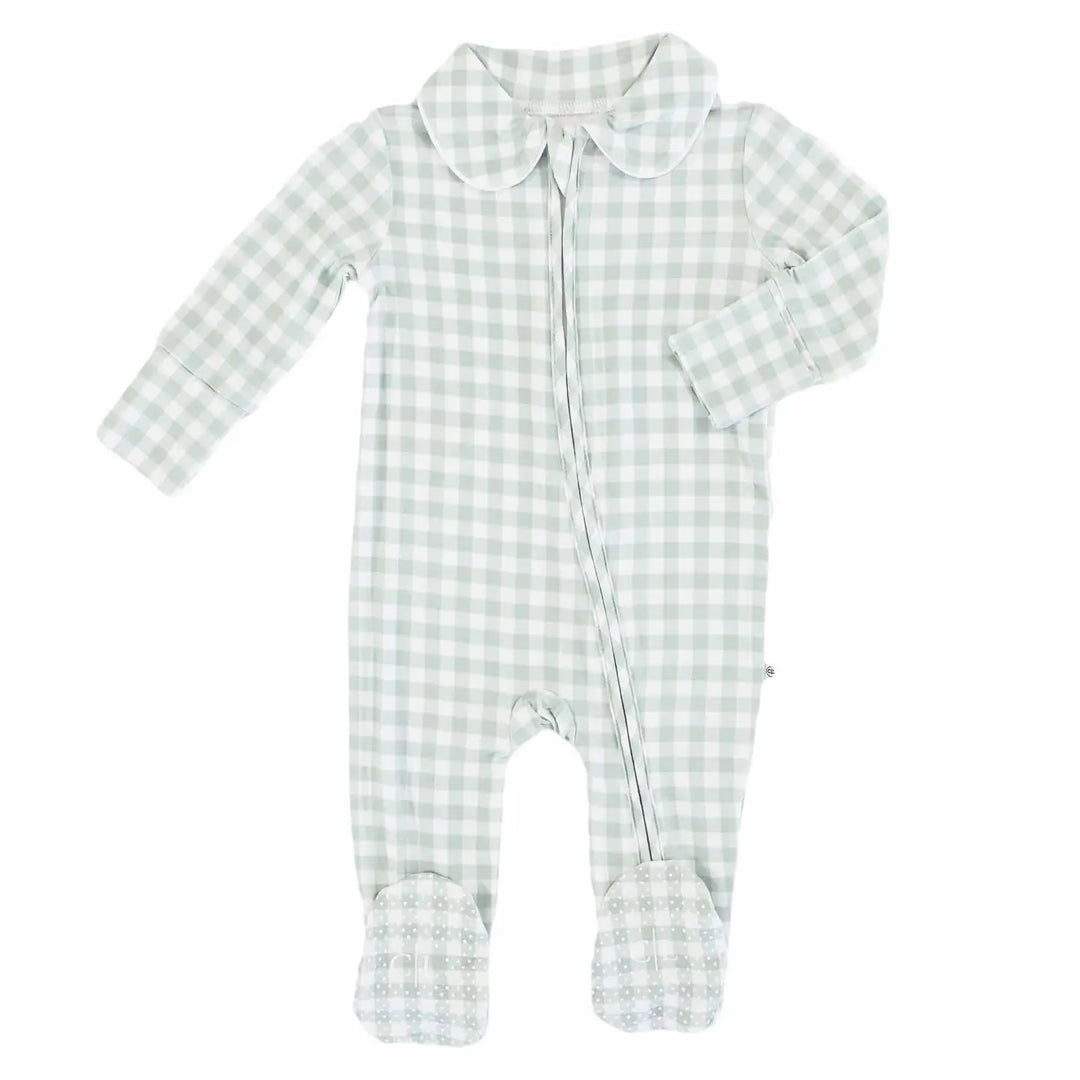 Peter Pan Collar Zipper Footie-Moss Gingham
