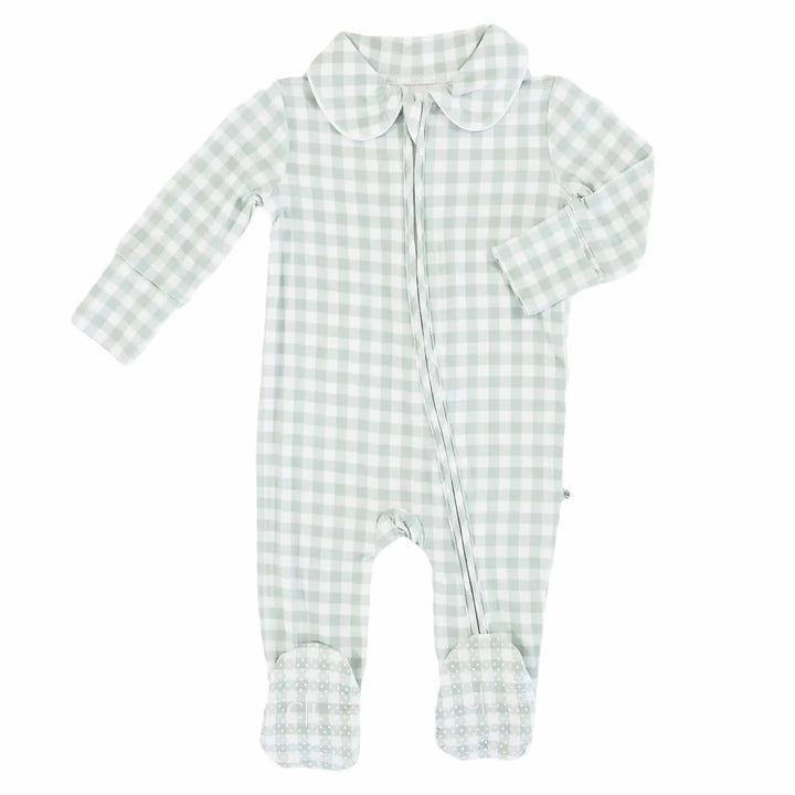 Peter Pan Collar Zipper Footie-Moss Gingham