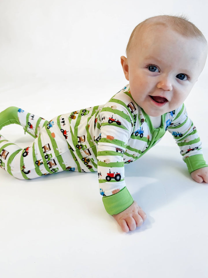 Farm Stripes - Zip Convertible Pajamas: 0-3 months