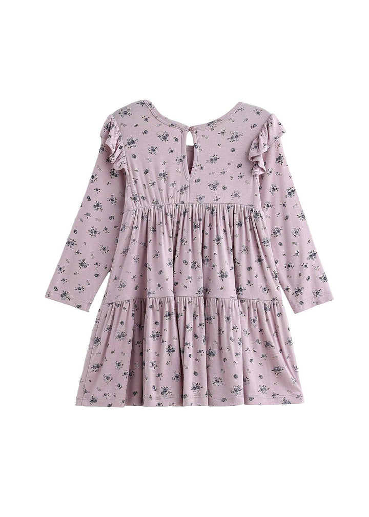 Victoria Long Sleeve Floral Ruffle Shoulder Tiered Dress: Purple