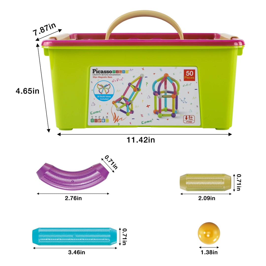 PicassoTiles 50 Piece Magnetic Stick Stacking Construction: MULTI-COLOR