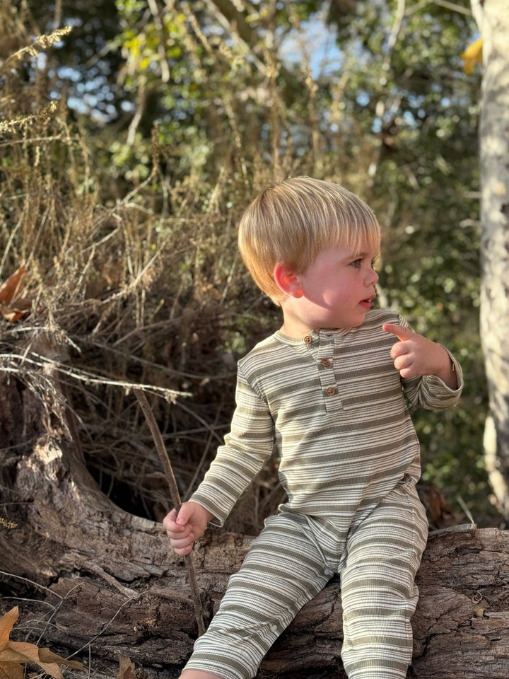 MASON Sage/Cream Ribbed Henley Romper: 3-6m