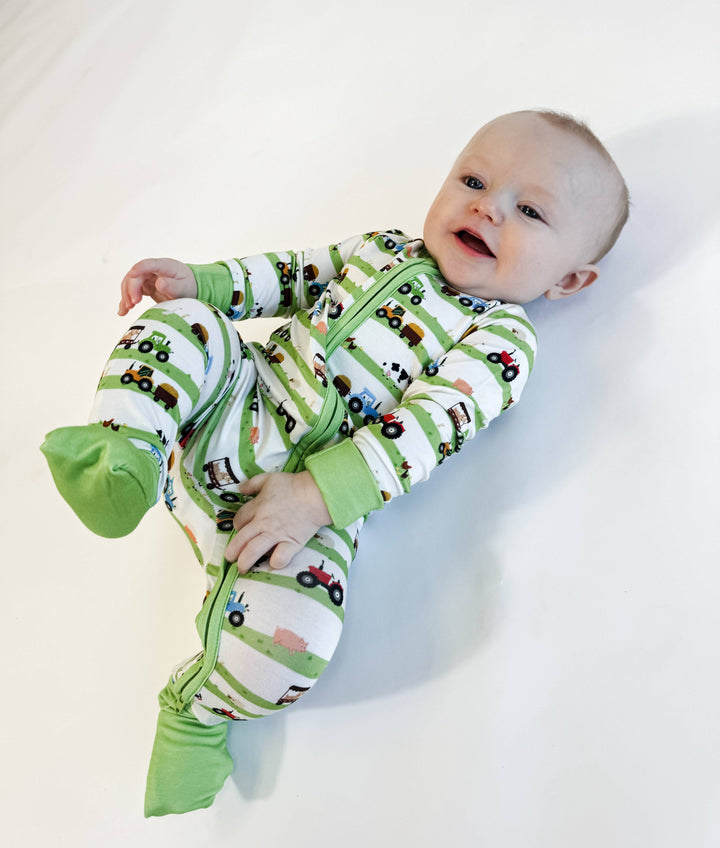 Farm Stripes - Zip Convertible Pajamas: 0-3 months
