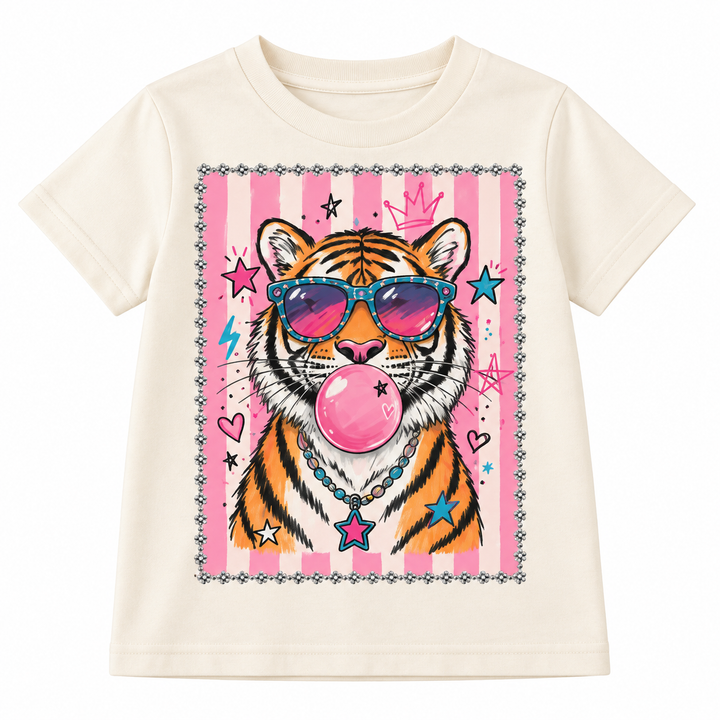Tiger Bubble Frame Cream Kids Graphic Tee With Crystals
