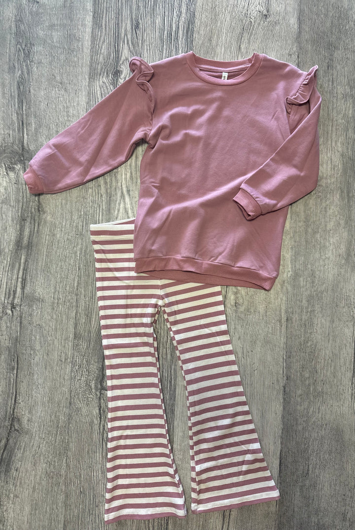 Mauve Ruffle Sweater and Striped Leggings