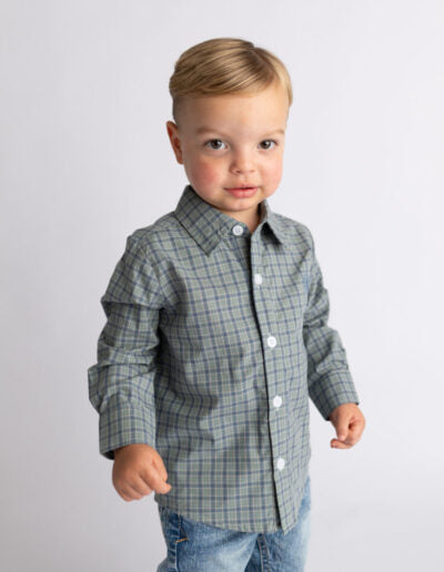 Boys Button Down-Green Plaid