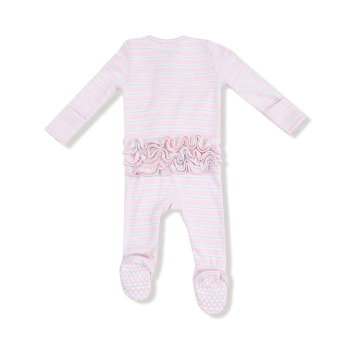 Pink Multi Stripe Ruffle Back - 2 Way Zipper Footie