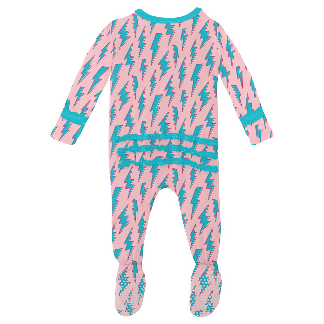 Kickee Pants Print Muffin Ruffle Footie with Zipper- Lotus Lightning