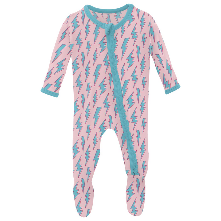 Kickee Pants Print Muffin Ruffle Footie with Zipper- Lotus Lightning