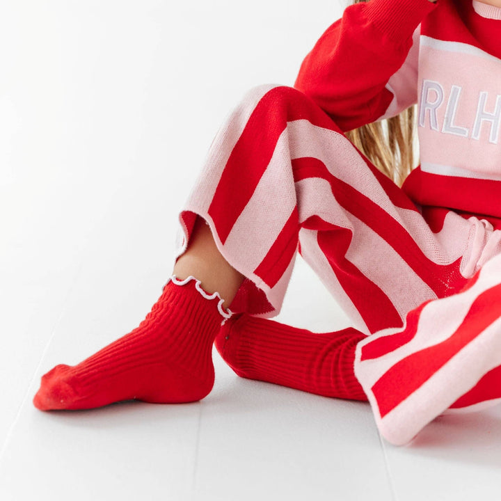 Ribbed Lettuce Trim Midi Socks - Red/White