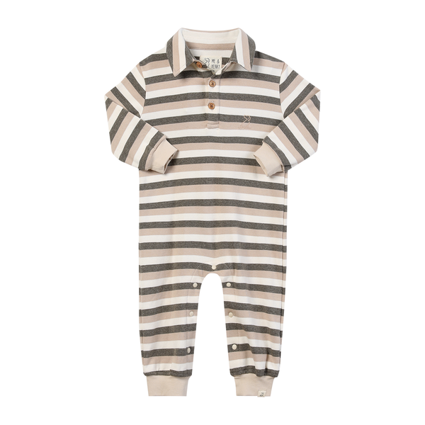 KINGSTON Beige/Grey Stripe Polo Romper: 3-6m