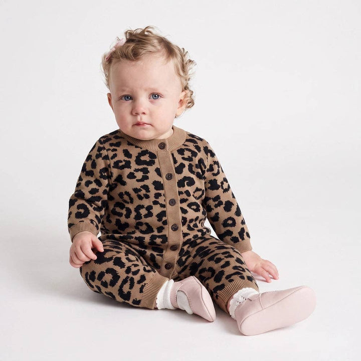 Leopard Baby Knit Button Romper: Leopard / 3-6M