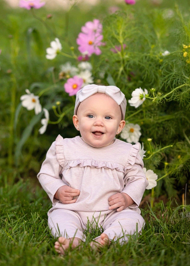 Maggie Long Sleeve Ruffle Trim Straight Leg Romper: Purple
