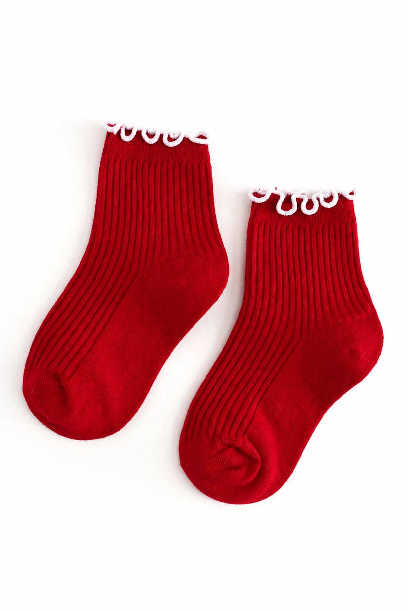 Ribbed Lettuce Trim Midi Socks - Red/White