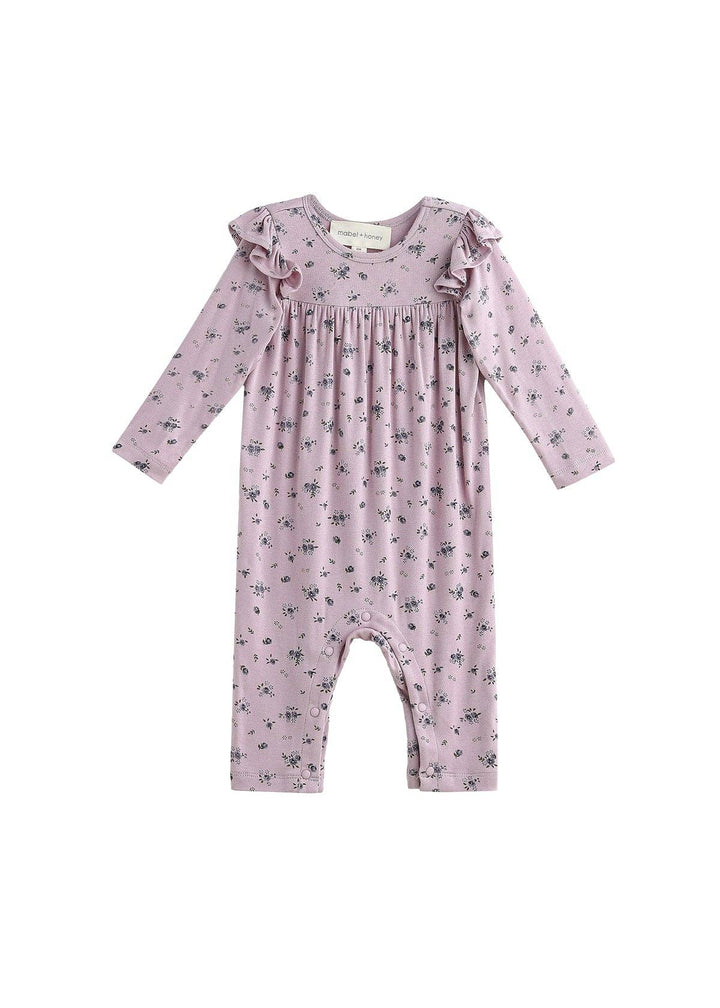 Victoria Long Sleeve Floral Ruffle Shoulder Straight Leg Romper: Purple